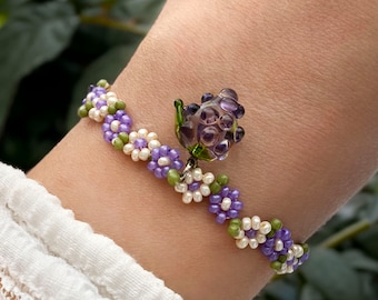 Bracciale con more, bracciale con perline di fiori, vetro di Murano, graziosi gioielli di frutta, bracciale Cottagecore, bracciale unico, regalo per gli amanti delle piante