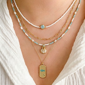 Gold Plated & Beaded Necklaces, Adjustable Pendant, Layered Necklace Set , Fish Necklace, Sea Shell Necklace, Summer Jewelry, Gift for Her