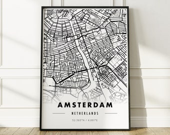 Amsterdam Map Print, City Map Poster, Netherlands Wall Art, Minimalist Map Print Art, Black & White Map Download, Digital City Travel Poster