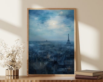 Evening Modern French Oil Painting | Dark Blue Vintage Paris Decor | Digital Printable Fine Art | Old City Wall Art Prints