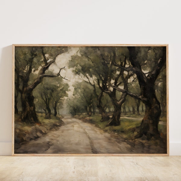 A Road with Trees, Vintage French Oil Painting, Dark Mood Digital Printable Art in Post Impressionism Style