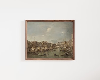 Grand Canal in Venice Oil Painting, Vintage Living Room Painting, Digital Printable Antique Wall Art Decor, Muted Landscape Prints