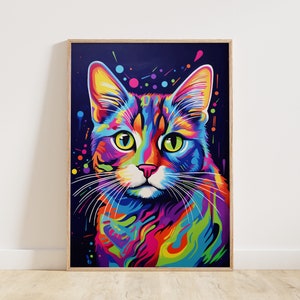 Vibrant and Colorful Portrait of Cat and Bubble, Modern Pop Art Style, Digital Printable Wall Art Decor, Playfulness Drawing For Living Room image 1
