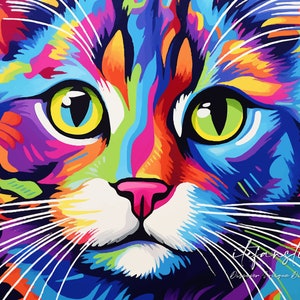 Vibrant and Colorful Portrait of Cat and Bubble, Modern Pop Art Style, Digital Printable Wall Art Decor, Playfulness Drawing For Living Room image 3