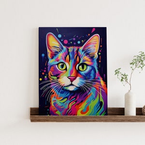 Vibrant and Colorful Portrait of Cat and Bubble, Modern Pop Art Style, Digital Printable Wall Art Decor, Playfulness Drawing For Living Room image 2