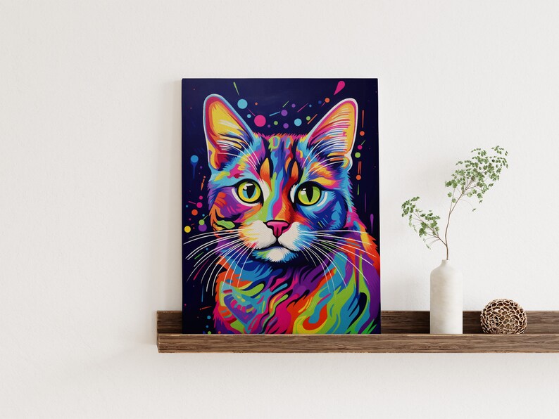 Vibrant and Colorful Portrait of Cat and Bubble, Modern Pop Art Style, Digital Printable Wall Art Decor, Playfulness Drawing For Living Room image 2
