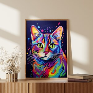 Vibrant and Colorful Portrait of Cat and Bubble, Modern Pop Art Style, Digital Printable Wall Art Decor, Playfulness Drawing For Living Room image 5