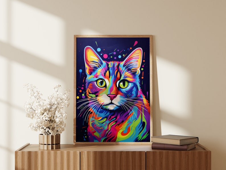 Vibrant and Colorful Portrait of Cat and Bubble, Modern Pop Art Style, Digital Printable Wall Art Decor, Playfulness Drawing For Living Room image 5