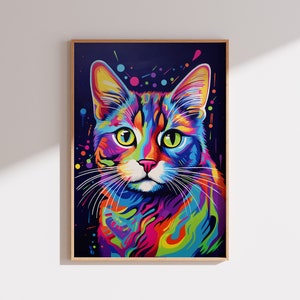 Vibrant and Colorful Portrait of Cat and Bubble, Modern Pop Art Style, Digital Printable Wall Art Decor, Playfulness Drawing For Living Room image 4