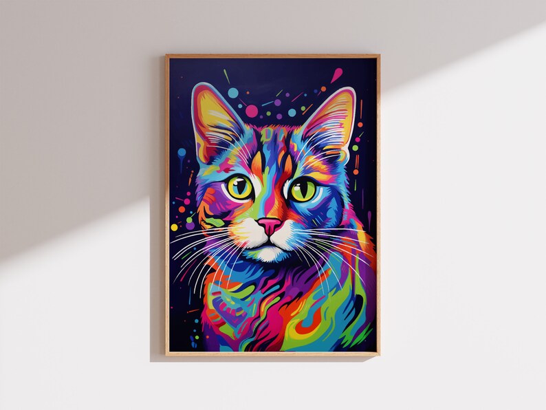 Vibrant and Colorful Portrait of Cat and Bubble, Modern Pop Art Style, Digital Printable Wall Art Decor, Playfulness Drawing For Living Room image 4