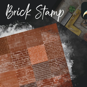May include: A digital illustration of a brick wall pattern featuring various brick textures and colours. The illustration is labelled "Brick Stamp" and includes hashtags related to design and digital art.
