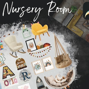 Könnte beinhalten: Eine Collage mit Ideen für die Dekoration eines Kinderzimmers mit einem Schaukelstuhl, einem Hängesessel, einem gelben Sessel, einem Bücherregal, einem Holzbuchstaben A, einem Holzbuchstaben R, einem Globus, einem Regenbogen-Druck, einem Holz-Namensschild, einem Stofftier, einem Spielzeug und einem Mobile.