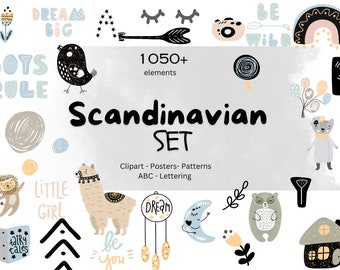 Scandinavian clipart, Nursery Animal Clipart, Baby Shower PNG, Lettering, Shapes , Minimalist Scandi