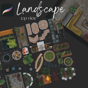 Könnte beinhalten: Eine Sammlung von Landschaftsgestaltungselementen aus der Vogelperspektive, darunter Wege, Pflanzen, Bänke und Wassermerkmale. Das Bild ist mit "Landscape top view" beschriftet und enthält den Hashtag #procreate.