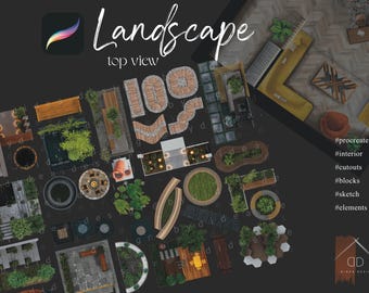 Pode incluir: Uma coleção de elementos de design de paisagem em vista superior, incluindo caminhos, plantas, bancos e elementos de água. A imagem é etiquetada como "Landscape top view" e inclui a hashtag #procreate.