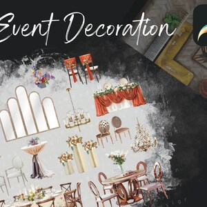 Puede incluir: Ideas de decoración de eventos con una variedad de artículos, incluyendo una lámpara de araña dorada, un conjunto de espejos arqueados, una mesa redonda con sillas y un centro de mesa floral. La imagen también incluye el texto "Event Decoration".