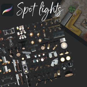 Op de afbeelding: Een verzameling van verschillende spotjes in verschillende stijlen en afwerkingen. De lampen zijn gerangschikt in een rasterpatroon op een zwarte achtergrond. De afbeelding bevat de tekst "Spot lights" bovenaan.