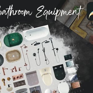 May include: A collection of bathroom fixtures and equipment, including a bathtub, toilet, sink, showerheads, taps, and towel rails. The image is labelled "Bathroom Equipment".