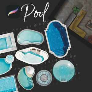 May include: A collection of different pool designs, including kidney-shaped, rectangular, and circular pools. The pools are shown from an overhead perspective and are surrounded by a black background with the word "Pool" written in white.