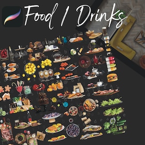 May include: A collage of food and drink illustrations, including a variety of fruits, vegetables, breads, pastries, and beverages. The illustrations are arranged in a grid pattern on a black background. The text "Food | Drinks" is at the top of the image.