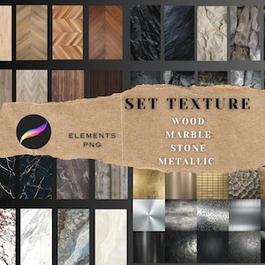 May include: A set of 36 digital textures in PNG format, featuring wood, marble, stone, and metallic finishes. The textures are ideal for use in design projects, such as website backgrounds, social media graphics, and product mockups.