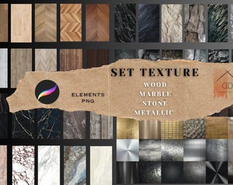 Pode incluir: Um conjunto de 36 texturas digitais em formato PNG, com acabamentos de madeira, mármore, pedra e metal. As texturas são ideais para usar em projetos de design, como fundos de sites, gráficos de mídia social e maquetes de produtos.