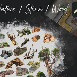 May include: A digital illustration of various nature elements, including stones, wood, and greenery. The image is labeled "Nature / Stone / Wood" and includes hashtags related to interior design and digital art.
