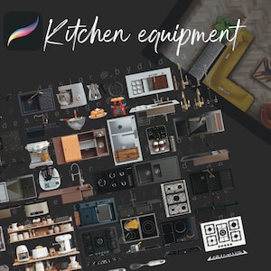 May include: A collage of kitchen equipment illustrations, including a sink, hob, oven, coffee maker, and other appliances. The image is labelled "Kitchen equipment" and includes the hashtag #procreate.
