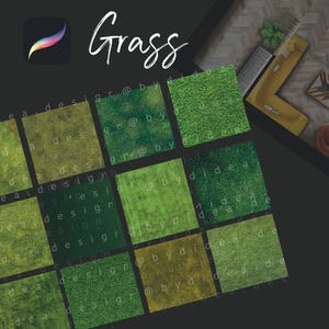 Puede incluir: Gráfico de arte digital con diversas texturas de hierba verde en bloques cuadrados. La palabra "Grass" está escrita en cursiva. Texto adicional incluye hashtags como #procreate, #interior y #cutouts, junto con un logotipo.