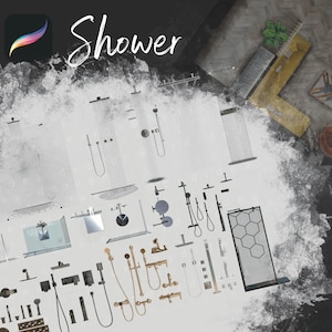 May include: A digital illustration of a shower with various fixtures and hardware, including a shower head, shower arm, shower valve, and shower curtain rod. The illustration is in black and white and includes the text "Shower".