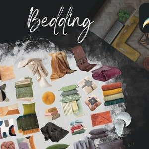 May include: A collection of bedding items, including pillows, blankets, and throws, in various colors and patterns. The items are arranged on a white background with the word "Bedding" written in white at the top of the image.