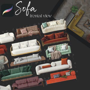 May include: A collection of various sofa designs in different colors and styles, including a white sofa with wooden legs, a red sofa with tufted cushions, and a green sofa with a wooden frame. The image is labeled "Sofa frontal view" and includes the hashtag #procreate.