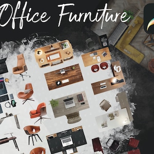 May include: A collage of various office furniture items, including desks, chairs, and lamps. The image is set against a dark background with a light brown and gray textured overlay. The text "Office Furniture" is written in black cursive at the top of the image.