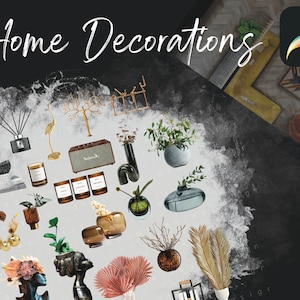 Könnte beinhalten: Eine Sammlung von Wohnaccessoires, darunter Kerzen, Vasen, Pflanzen und Dekorationsgegenstände. Die Artikel sind auf einem schwarzen Hintergrund mit einem weißen Aquarelleffekt angeordnet. Der Text "Home Decorations" ist oben im Bild in Weiß geschrieben. Das Bild enthält auch Hashtags zu den Themen Wohnaccessoires, Inneneinrichtung und digitale Kunst.