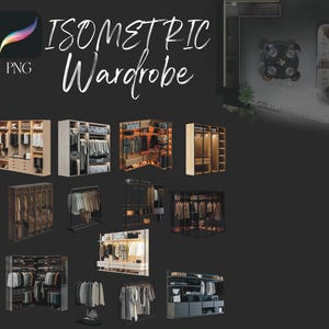 Puede incluir: Una colección de diseños de armarios isométricos en varios estilos y configuraciones. Los diseños se representan en un estilo 3D y presentan diferentes materiales y acabados. La imagen incluye el texto "ISOMETRIC Wardrobe" y "PNG".