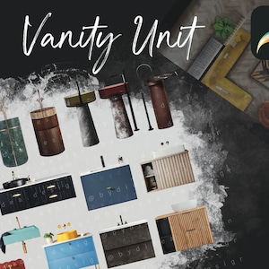 May include: A collection of vanity units in various styles and colors, including wood, marble, and metal. The units feature sinks, cabinets, and drawers. The image also includes the text "Vanity Unit" and hashtags related to interior design.