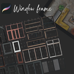 May include: A digital illustration of various window frame designs in black, white, and pink. The frames are arranged in a grid pattern on a dark gray background. The text "Window frame" is written in white at the top of the image. The hashtags #procreate, #interior, #cutouts, #blocks, #sketch, and #elements are listed on the right side of the image.