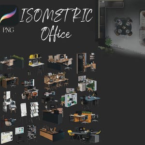 Op de afbeelding: Een verzameling isometrische illustraties van kantoormeubilair, waaronder bureaus, stoelen, planten en andere kantoorbenodigdheden. De illustraties zijn in een moderne stijl en perfect voor gebruik in ontwerp projecten of presentaties. De afbeelding bevat de tekst "ISOMETRIC Office" en de hashtag "#elements".