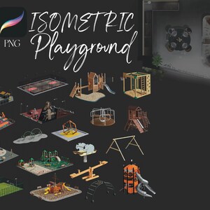 Op de afbeelding: Isometric speelplaats PNG-elementen op een donkere achtergrond. De afbeelding bevat verschillende speeltoestellen, waaronder glijbanen, schommels en klimstructuren. De tekst "ISOMETRIC Playground" wordt weergegeven in een handschriftlettertype, samen met het Procreate-logo.