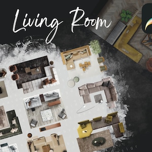 Puede incluir: Una colección de diferentes diseños de sala de estar con diversas disposiciones de muebles, incluyendo sofás, sillas, mesas de centro y alfombras. Los diseños se presentan en una vista superior, creando una guía visual para la inspiración en diseño de interiores. #procreate #interior #cutouts #blocks #sketch #elements