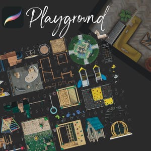 Könnte beinhalten: Eine Sammlung von Spielplatz-Equipment-Illustrationen, darunter Rutschen, Schaukeln, Klettergerüste und ein Sandkasten. Die Illustrationen sind im Cartoon-Stil gehalten und eignen sich perfekt für den Einsatz in Designprojekten.