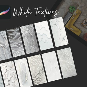 Könnte beinhalten: Eine Sammlung von 12 weißen Texturen, perfekt für den Einsatz in digitalen Kunst- und Designprojekten. Die Texturen weisen eine Vielzahl von Mustern auf, darunter rissige, gewellte und strukturierte Oberflächen. Die Texturen werden in einem Rasterformat präsentiert, mit dem Text "White Textures" oben im Bild.
