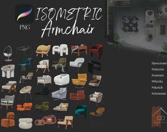May include: A collection of 25 isometric armchair illustrations in various colors and styles. The illustrations are in a PNG format and are perfect for use in interior design projects, 3D modeling, or other creative projects. #procreate #interior #cutouts #blocks #sketch #elements