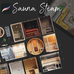 Puede incluir: Una ilustración digital de una sauna con vapor subiendo desde la parte superior. La ilustración está compuesta por varios paneles cuadrados y rectangulares, cada uno representando una vista diferente de la sauna. La ilustración está etiquetada como "Sauna Steam" e incluye los hashtags #procreate, #interior, #cutouts, #blocks, #sketch y #elements.