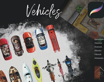 May include: A collection of vehicles, including cars, boats, motorcycles, and a fire truck, are arranged in a semi-circle on a white background. The image is titled "Vehicles".