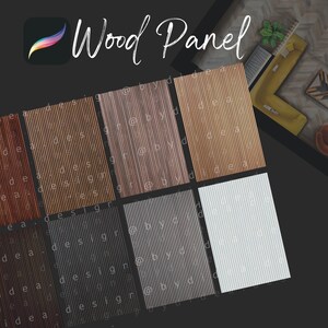 May include: A set of nine wood panel textures in various shades of brown, gray, and white. The textures are arranged in a grid pattern and have a wood grain effect. The text "Wood Panel" is written in cursive at the top of the image.