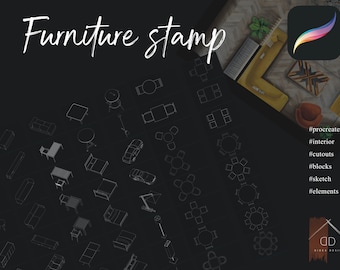 Pode incluir: Um conjunto de desenhos em preto e branco de móveis, incluindo cadeiras, mesas, camas e outros itens domésticos. Os desenhos estão dispostos em uma grade sobre um fundo preto. O texto "Furniture stamp" está na parte superior da imagem. As hashtags #procreate, #interior, #cutouts, #blocks, #sketch e #elements estão listadas no lado direito da imagem.