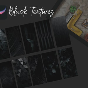 Könnte beinhalten: Eine Sammlung von 10 schwarzen Texturen, darunter abstrakte Muster, Holzmaserung und geometrische Formen. Die Texturen sind in einem Rasterformat angeordnet und mit "Black Textures" beschriftet. Das Bild enthält auch den Text "#procreate #interior #cutouts #blocks #sketch #elements" und ein Logo für "Cider Design".