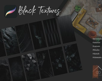 Pode incluir: Uma coleção de 10 texturas pretas, incluindo padrões abstratos, grão de madeira e formas geométricas. As texturas estão dispostas em uma grade e são rotuladas como "Black Textures". A imagem também inclui o texto "#procreate #interior #cutouts #blocks #sketch #elements" e um logotipo para "Cider Design".
