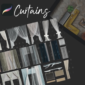 May include: A digital illustration of various curtain styles, including sheer, patterned, and solid colors. The illustration is labeled "Curtains" and includes hashtags related to interior design and digital art.